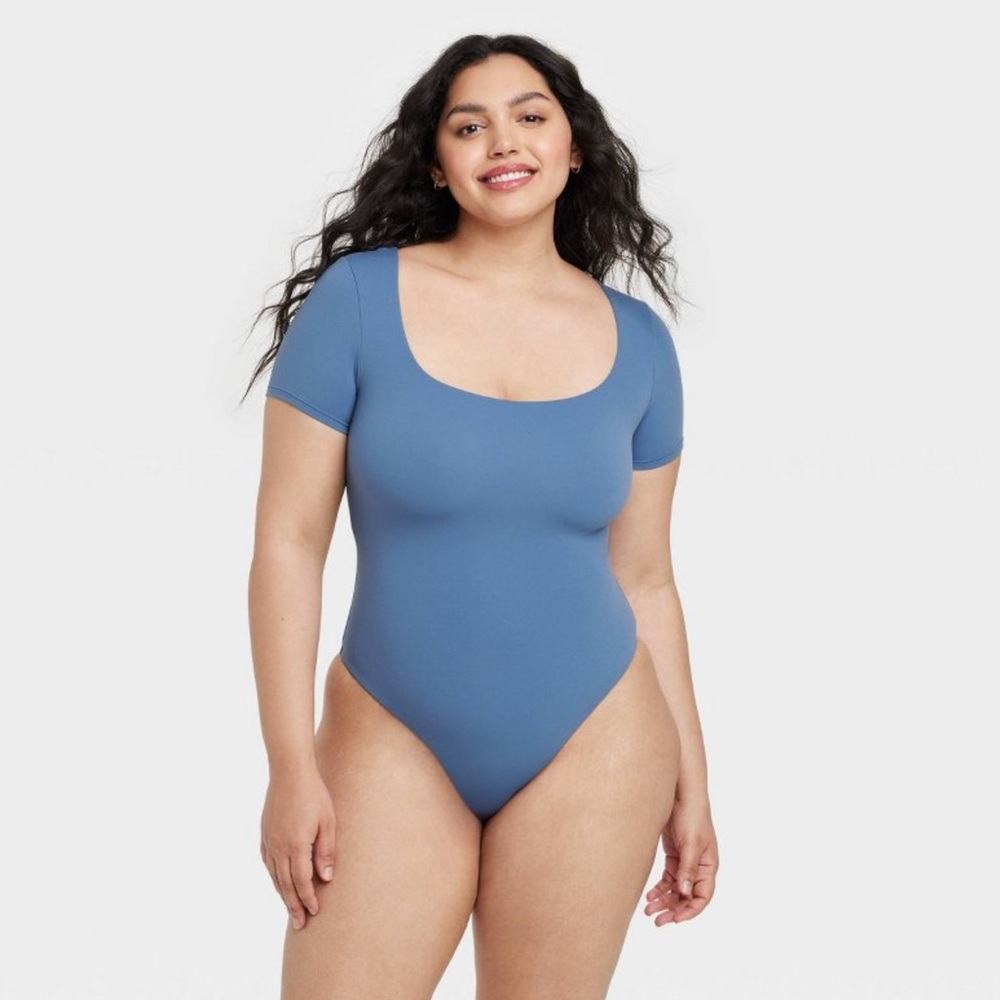 Auden Luxe Square-Neck Thong Bodysuit in Blue - Size L